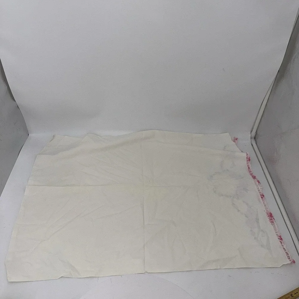 Vintage white pillowcase w/ pink floral embroidery & hand-crocheted lace edge